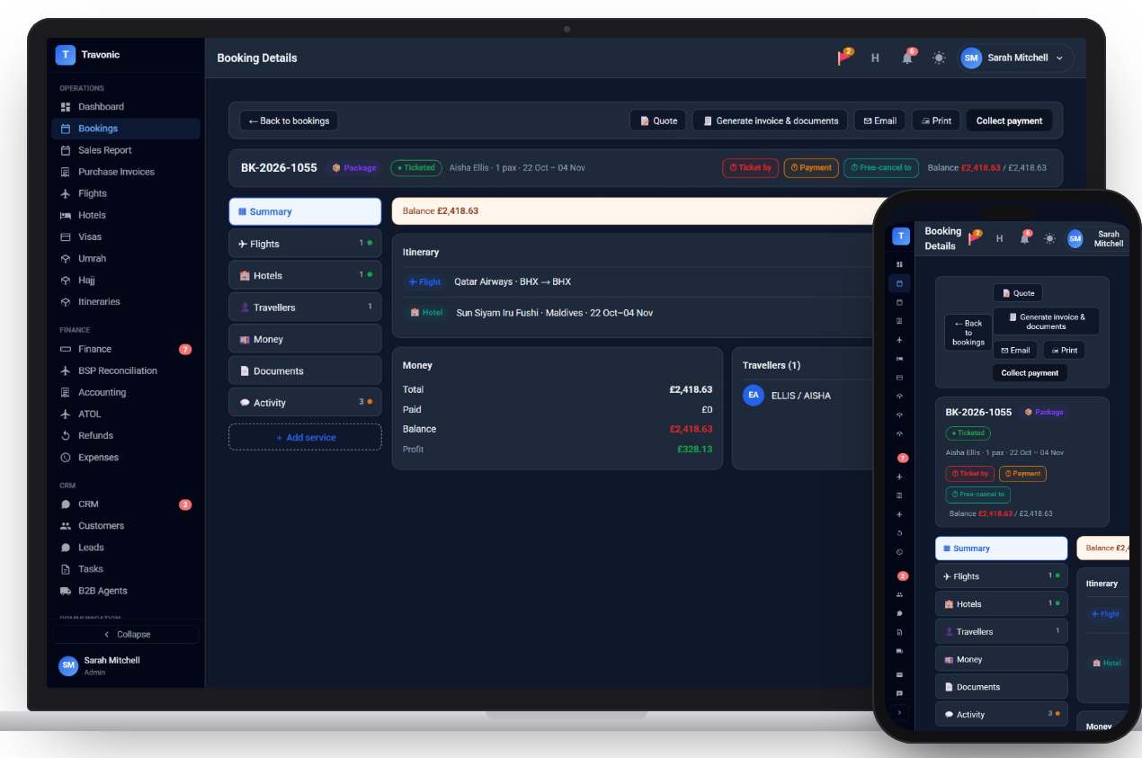 A booking file where visas sit alongside flights and hotels