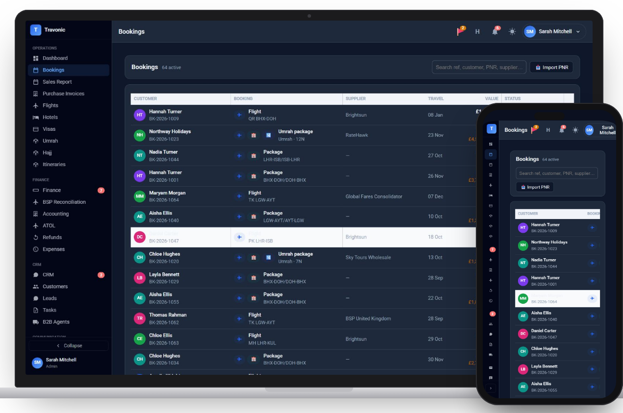 Bookings list on a laptop and a phone