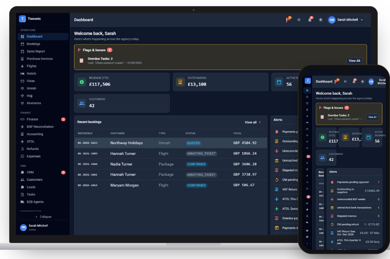 Travonic dashboard on a laptop and a phone