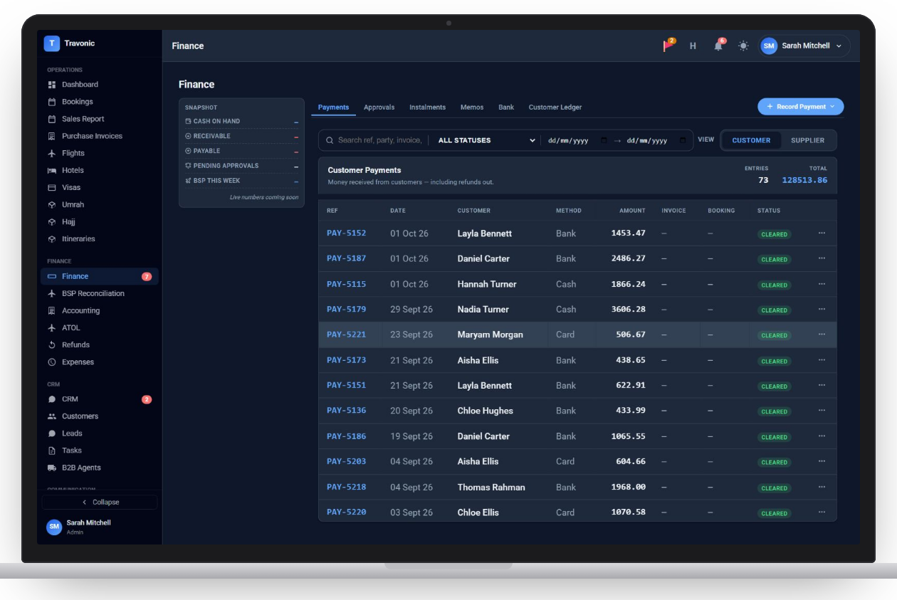 Payments screen on a laptop