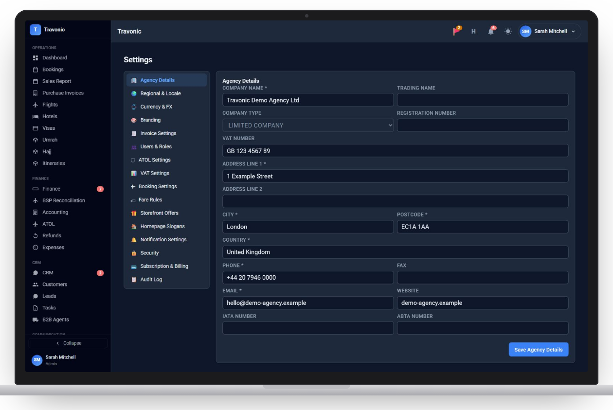 Agency settings with company details